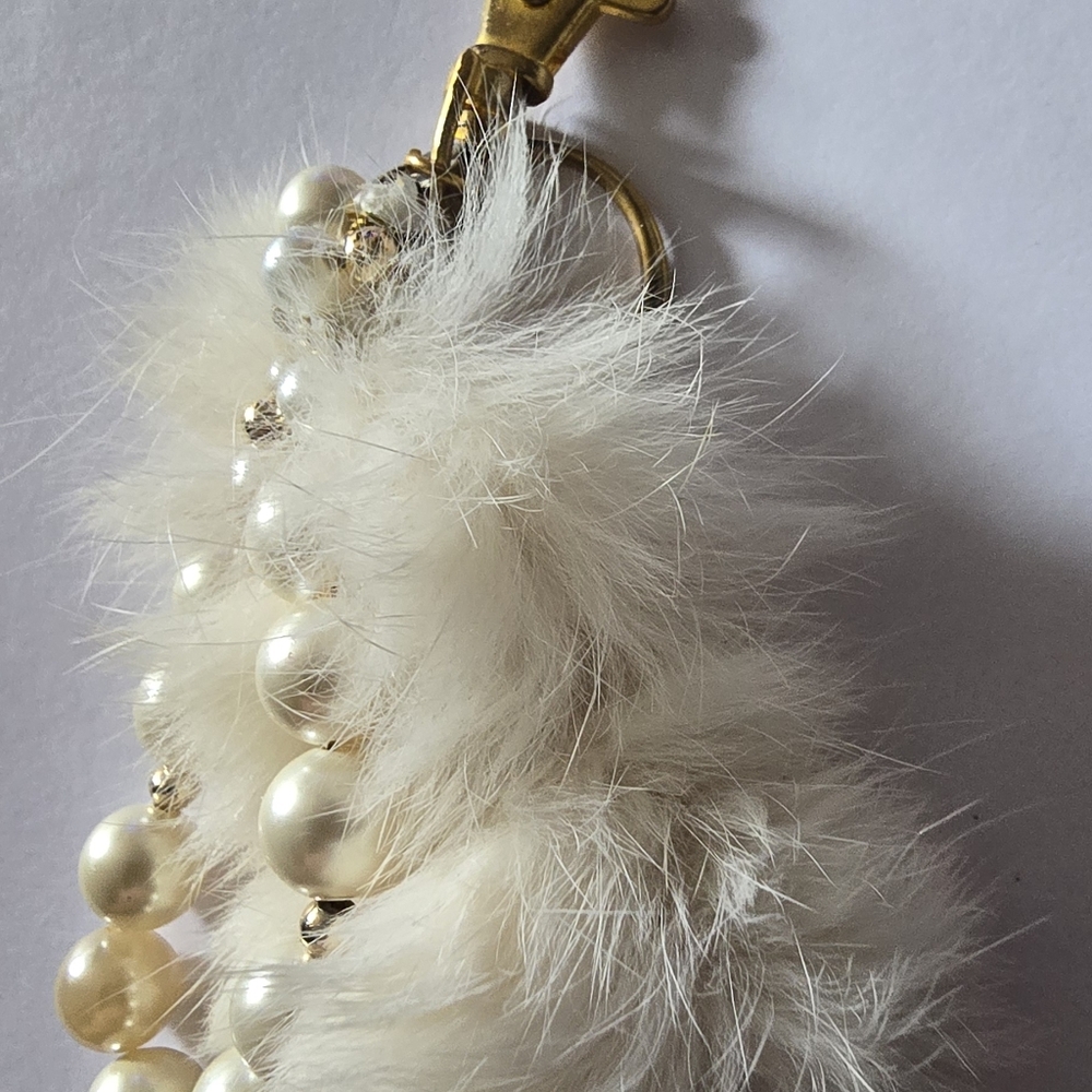 Fur Pom Pom Faux Pearl Purse/Key chain Charm Handcrafted~NEW One Of A Kind - Picture 3 of 7